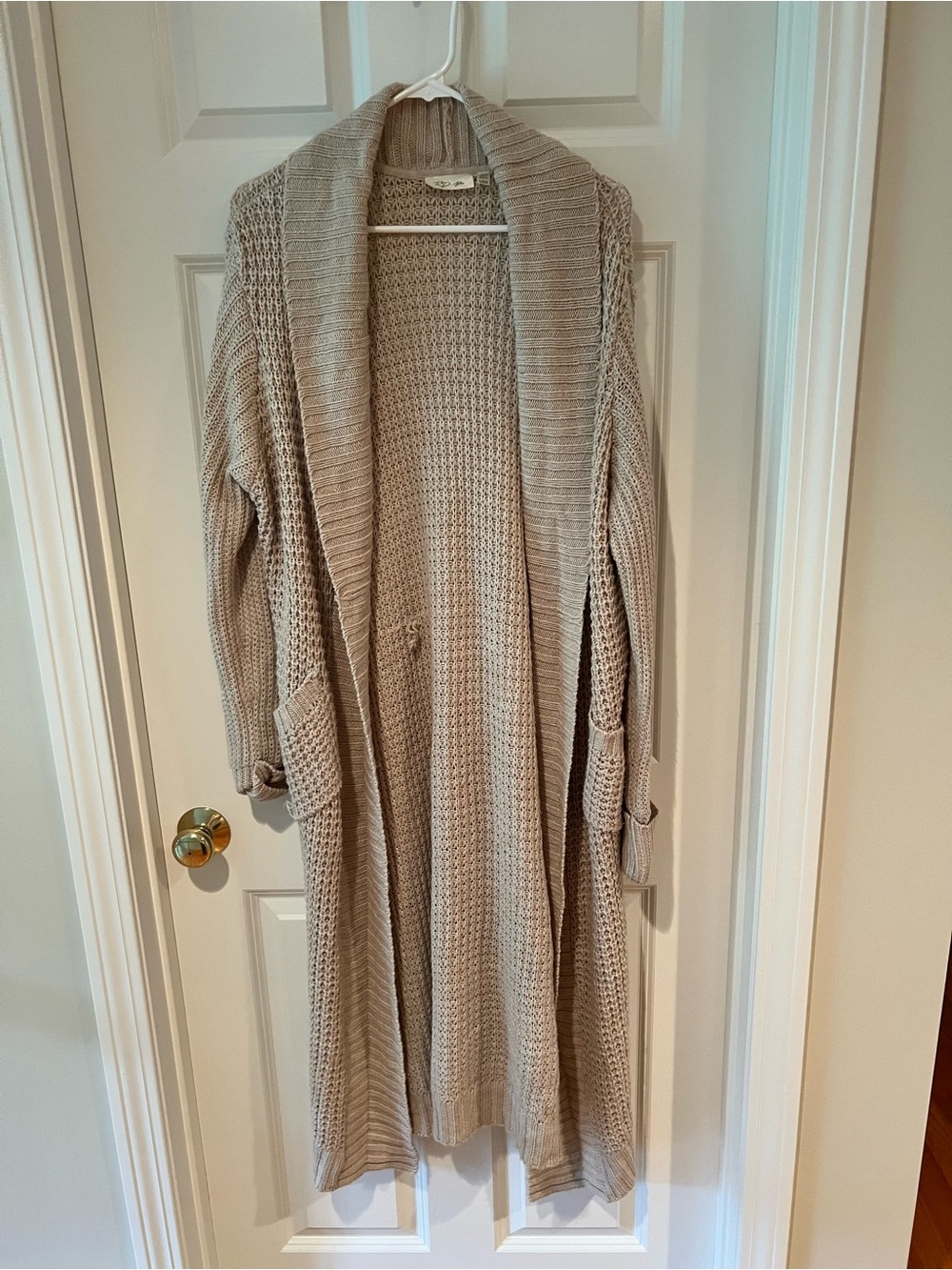 RD Style Long Open-Front Knit Cardigan in Beige